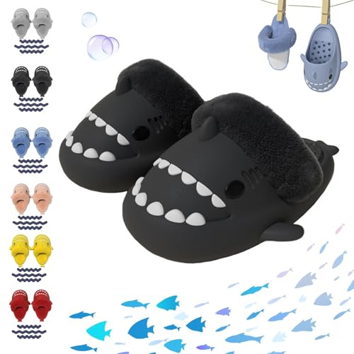 Overhil1s Invierno Cálido Zapatillas Tiburon Peludas for Niño y Adulto CáLidas Impermeables Antideslizantes Forro De Felpa ExtraíBle Pantuflas Shark Lindas(Negro,38/39 EU)