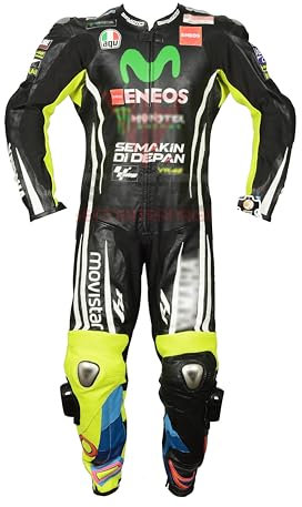 Generico Valentinoo Rossi Nuovo Modello Nero Moto Moto Racing Protettiva Corazzata Originale Pelle di Vacchetta Tuta Con Protezione Titanio E Gobba Da Corsa (XL (UK44-EU54))