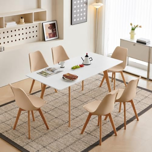 H.J WeDoo Esstisch Ausziehbar mit 6 Stühlen Esszimmergruppe, Rechteckig Küchentisch und 6er Set Esszimmerstühle Essgrupp für Wohnzimmer Küche Büro(120-160cm Weiß Tisch+6 Khaki Stühle)