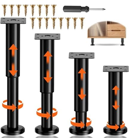 vnfsmy 4 Stück Möbelfüße Verstellbar, Möbelfüß Höhenverstellbar Set 25cm-43cm, Metall Schwarz Möbelbeine Verstellbare Füße, Möbelbeine für Sofa Möbel Bett Nachttisch Kabinett Schrank