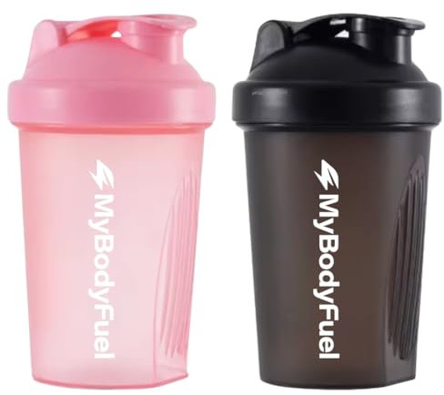 MyBodyFuel Shake-Becher, Protein Shaker inklusive Mixfilter, 2er Set, Shake-Becher 400 ml, BPA frei (Rosa/Schwarz)