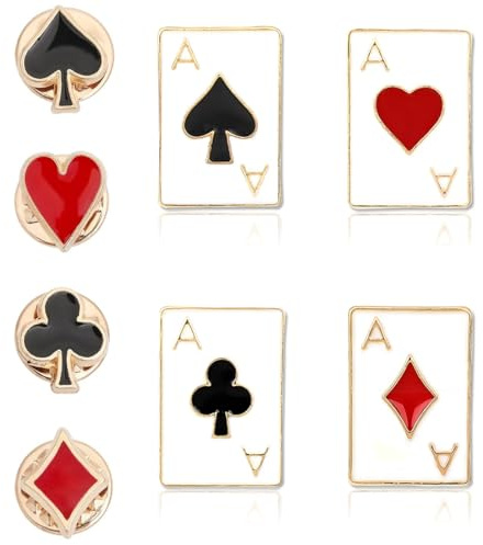 XYTAHDM 8 Stück Brosche-Set, Poker-Brosche, Kartenspielen Abzeichen, Hearts Spaten Revers Pin, Gold, Unisex, Legierung