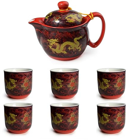 Tetera de porcelana china de 340.2 g con forma de dragón de acero inoxidable, infusor de puré para té suelto (juego rojo)