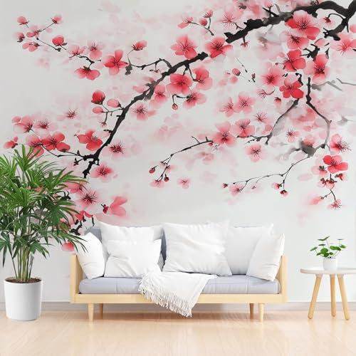 Papier Peint Fleur de Prunier Fleurs de Cerisier, Papier Peint Floral Botanique Naturel, Tapisserie Panoramique, Décoration Murale en Intissé, Écologique, Pour Salon Chambre Bureau, 300x210cm