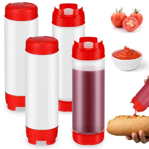 Pesfehhy 4 Stück Quetschflaschen, Nachfüllbar, 580 Ml, Umgedrehte Kunststoffspitze, Großer Ventilspender, Quetschflasche für Gewürze