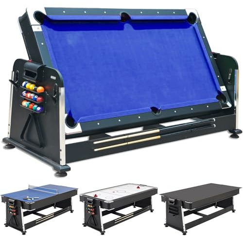 DEVESSPORT Multijuego Giratorio 4 en 1 Olimpus | Mesa de Billar, Air Hockey, Ping-Pong y Mesa de Comedor | 203.5x112x81 cm | Incluye Todos los Accesorios para los 3 Juegos (Azul)