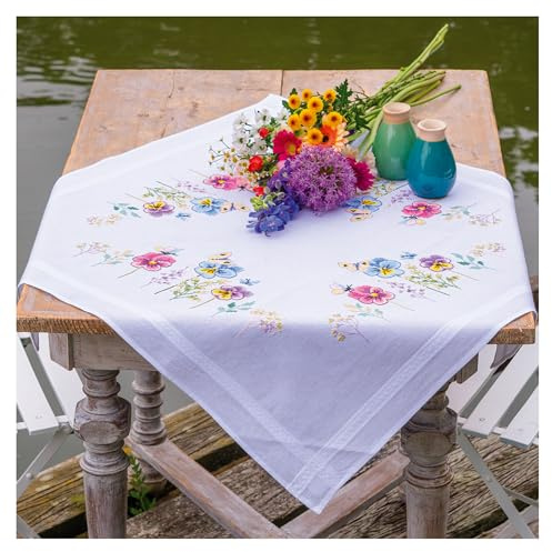 Vervaco Kreuzstich Stickpackungen Tischdecke STIEFMÜTTERCHEN Stickdecken Vorgezeichnet Basteln Erwachsene Kreativ Set Vorgedruckte Decke Sticken ca. 80 x 80 cm Stickset DIY Sticken Set