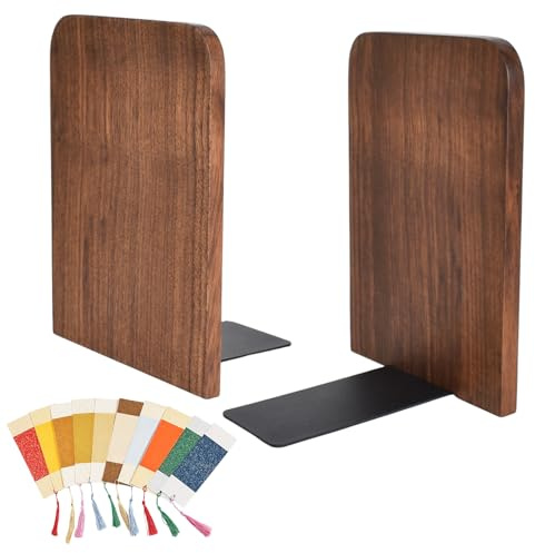 2 Piezas Sujetalibros Madera,Sujeta Libros,Sujetalibros De Nogal con Bases Metálicas,10 Marcapáginas,Soporte para Estantes,para Casa, Oficina Y Biblioteca,17 X 12 X 10,5 cm