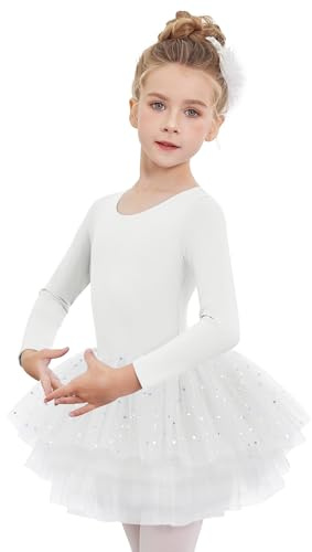 Arshiner Mädchen Ballettkleid Langarm Glitzer 4-lagiger Tütürock | Baumwoll-Balletttrikot mit Tanzbody und vierlagigem Stufenrock für Ballett Tanz Gymnastik und Auftritte