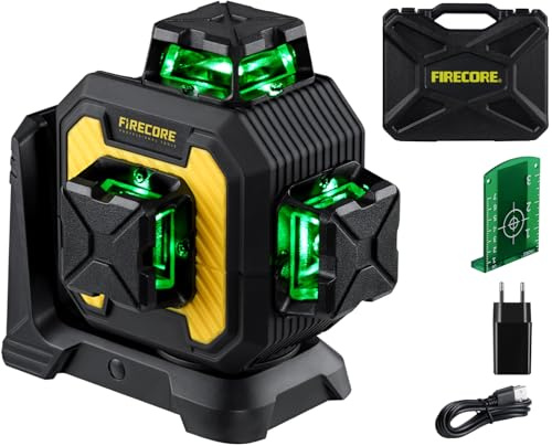 Firecore 3 x 360° Laser Wasserwaage, grüne Kreuzlinienlaser, selbstnivellierend, 12 Linien, Drei-Ebenen-Nivellier- und Ausrichtungslaser, Li-Ionen-Akku, USB-C-Ladegerät, robuster Transportkoffer