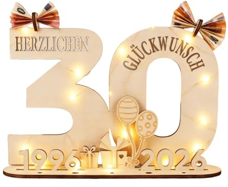 30 Geldgeschenke Geburtstag - Originelle Geschenk 30. Geburtstag Frauen & Männer 1996-2026, Perlenhochzeit, Holz-Schild Gästebuch mit LED Lichterkette - Deko Geburtstag Frau Mann, Hochzeitsgeschenke