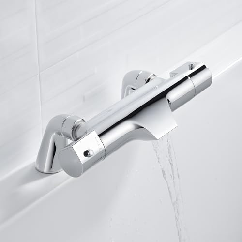 Thermostatic Bath Shower Mixer Deck Mounted Bath Shower Mixer Tap with Waterfall Bath Filler Spout, 38℃ Safety Anti-Scald Thermostatic Shower Mixer Taps Valve Solid Brass, Chrome, 180mm