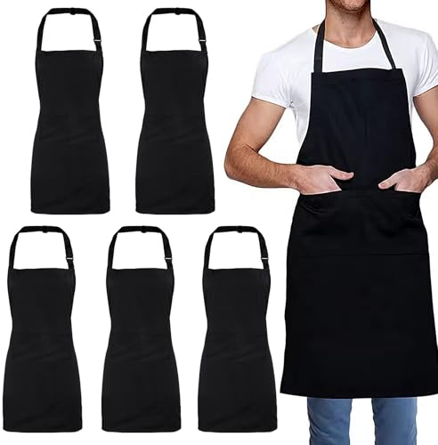 5 Stück Schwarze Kochschürzen Set, Schürze mit 2 Taschen, Verstellbarem Nackenband Schürze, Waschbar Unisex Küchenschürze, Cook Apron für Küche, Kochen, Backen, Restaurant, Basteln und Café