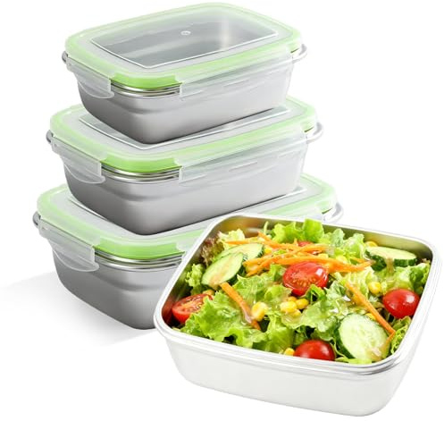 PORFOYO Juego de 3 fiambreras de acero inoxidable de cristal, 350 ml + 850 ml + 1800 ml, a prueba de fugas, fiambreras con tapa, tarros de cristal, para la escuela, el trabajo y la comida
