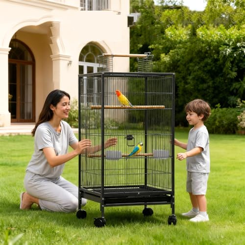 Hapihom Jaula para pájaros, 46 x 46 x 102 cm, formato grande, con techo de juego, soporte con ruedas y bandeja extraíble, aviario con 3 perchas, comedero y bebedero para periquitos canarios