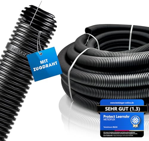 METEOFLEX PROTECT Leerrohr mit Zugdraht/Einzughilfe 750N M20 / M25 / M32 / M40 / M50 aus HDPE - Wellrohr für Erdreich, Erdverlegung, Außenbereich, Beton - hohe Druck- & Schlagfestigkeit (M16-25m)