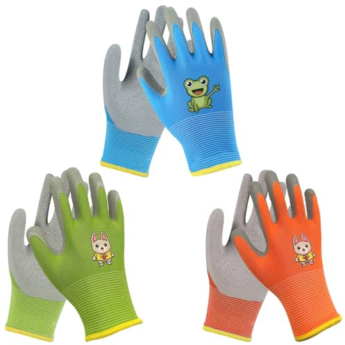 ZXTGBQ 3 Pares de Guantes de Jardinería para Niños Guantes Protectores de Látex Transpirable Antideslizante para Diarias, Pintura, Actividades al Aire Libre (5-7 Años Niñas Niños)