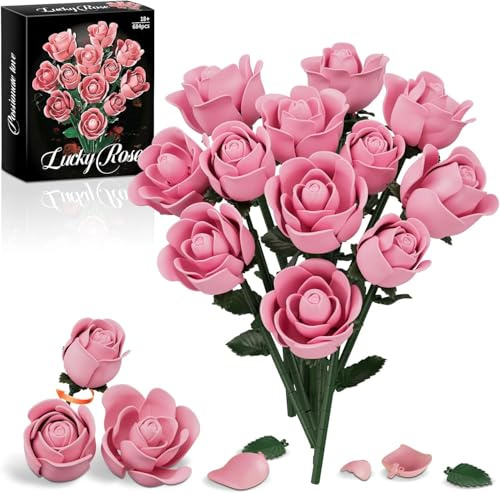 Pink Rose Bouquet Building Set,12Pcs Roses Artificial Flowers Botanical Collection Building Blocks Kit,DIY Rose Building Block Bouquet for Valentine’S Day,Mother’S Day,Christmas,Home Office Decor