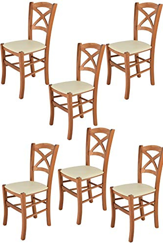 t m c s Tommychairs - Chaise Cross Bois de hêtre peindré Cerisier Assise Cuir Artificiel (Set de 6 chaises, Ivoire)
