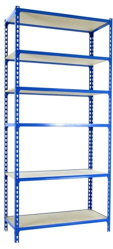 Simonrack Schwerlastregal, Lagerregal, 250x80x40 cm, Metallregal, Kellerregal, Biegestelle 150 kg, 6 Holzfachböden, Blau/Holz - Maderclick | 6 Höhen, Holztablett, 150 kg Flexpunkt, blau, Korrosionsschutzfarbe, Klicksystem