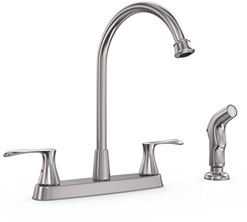GOWIN Brushed Nickel Kitchen Sink Faucet with Side Sprayer, Two Handle High Arc 4 Holes 8 Inch Centerset Stainless Steel Kitchen Sink Faucet with Pull Out Sprayer,Grifos De Cocina