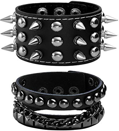 JJDreams Bracelet en Cuir Noir Gothique Bracelet Clouté Punk Rock Manchette avec Clous Réglable Femme Homme