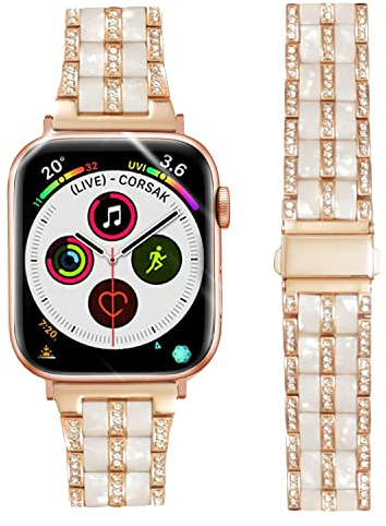 DEALELE Bracelets compatibles avec iWatch 38 mm, 42 mm, strass en résine de luxe bracelet en métal bracelet de remplacement pour Apple Watch Series 6/5/4/3/SE Femmes Hommes (38/40 mm, Rose-Blanc)