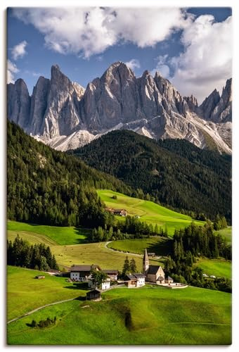 ARTLAND Wanddeko Leinwand Bilder Wandbild 40x60 cm Landschaft Berge Wald Wiesen Dorf Alpen Dolomiten Südtirol U3LX