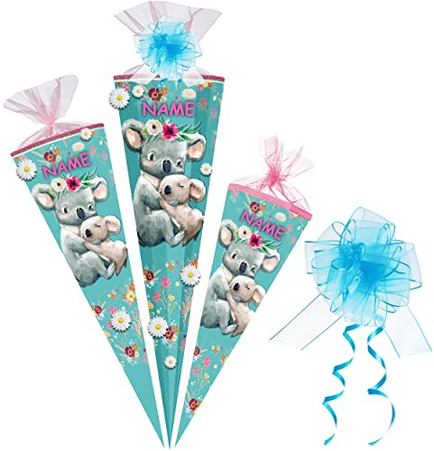 alles-meine.de GmbH Schultüte mit 3D Stoff - Blüten ! süße Koala Familie 35-85 cm Größe wählbar inkl. Name + Tüll Schleife - Zuckertüte - Tüllabschluß/Filzabschluß ..