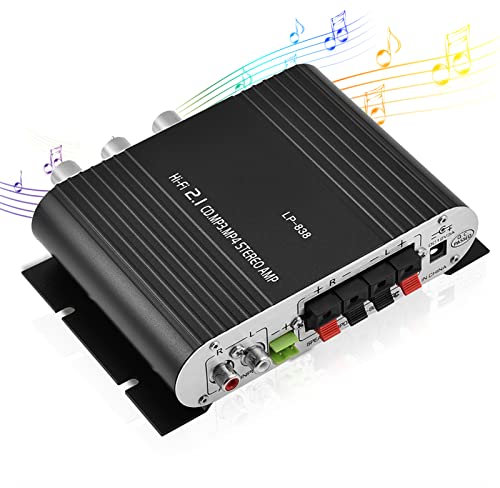 Power Amplifier Stereo Amplifier,Digital Amp Mini HiFi 2.1 Stereo Bass Auto Car Home Audio Power Amplifier with and 3.5mm Audio Input,Two Pairs of Speaker Output Clips(black)