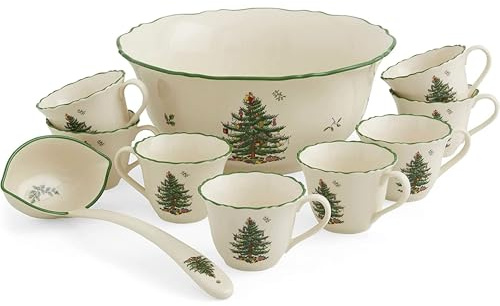 Spode 10-teiliges Stanzset mit Weihnachtsbaum-Motiv – feines Porzellan, Feiertags-Serviergeschirr, inklusive 1 Servierschüssel, 1 Schöpfkelle und 8 Tassen, 27,9 cm große Schüssel und 237 ml Tassen