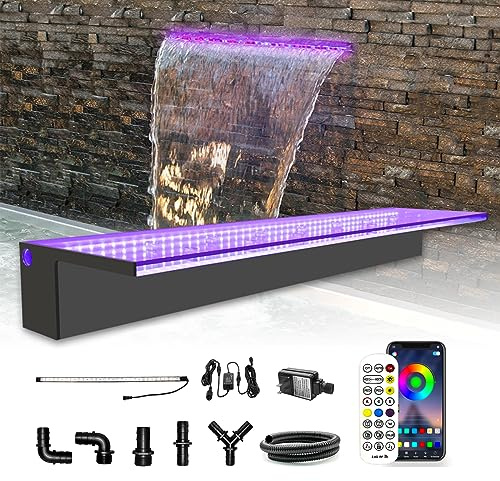 LONGRUN Wasserfall Überlauf APP Kontrolle Mehrfarbig LED-Licht Draussen Pool Brunnen, Acryl Wasser Überlauf Koi Teich Wasserfälle Brunnen Kit für Garten Terrasse Schwimmbad Dekoration -90 cm