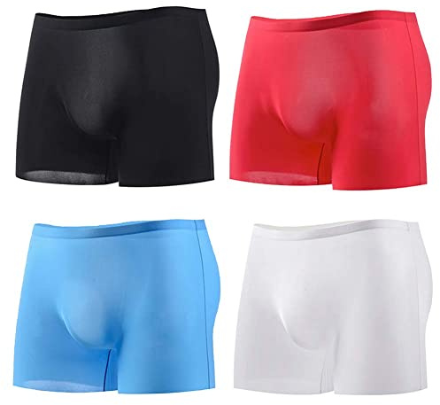 Alienjoy Boxershorts för män, tunna issilke, underkläder, sexiga genomskinliga sömlösa trosor, hudvänliga, låga stigar, B1 svart/vit/röd/blå (förpackning med 4), L