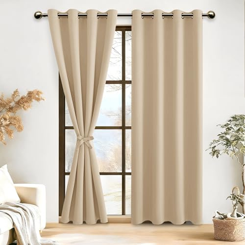 DWCN Vorhänge Blickdicht mit Raffhalter Verdunklungsvorhänge mit Ösen | Biscotti Beige, 225x140cm(HxB), Gardinen 2 Stücke Thermovorhang Hitzeschutz für Schlafzimmer, Wonhzimmer, Büro