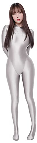 LEOHEX Combinaison en Satin Spandex Wetlook pour Femme - Bodysuit Brillant Extensible - Costume Unitard Zentai, Argenté., XXL