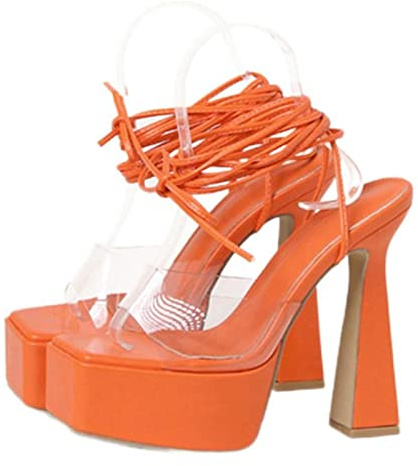 CHUNNUAN Sandali sexy con cinturino alla caviglia da donna in PVC trasparente con punta aperta con lacci, 15 cm, con tacco alto, con plateau grosso vestito da festa scarpe arancione-arancio, 37