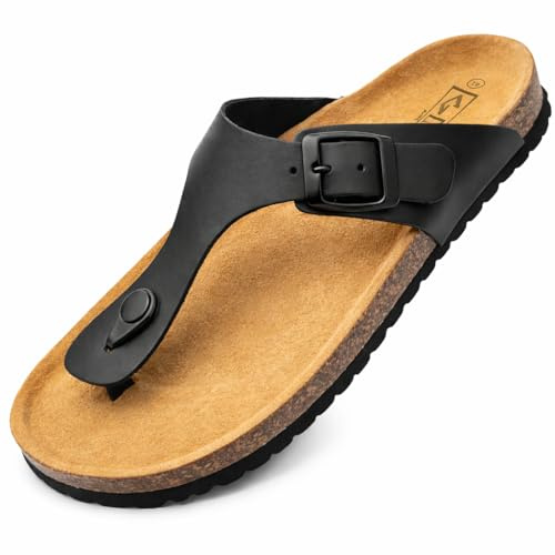 GONKOS® lädersandaler, anatomisk kork-innersula, äkta läder, naturkork, justerbart spänne, unisex tåsandaler, kvalitetssandaler tillverkade i Spanien, färg svart storlek 41