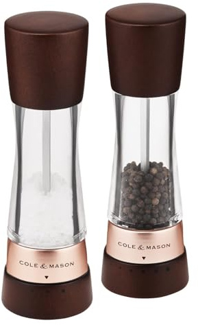 Cole & Mason H332296 Derwent kastanj roséguld salt och pepparkvarn, set om 2 manuellt med justerbar, akryl/betat bokträ, 190 mm, gourmet Precision+, presentset,