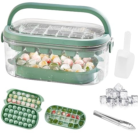 RUCUDIM Eiswürfelform Silikon, Wiederverwendbare Ice Tray Ice Cube, Eiswürfelbehälter mit Deckel und Behälter, Mini Eiswürfelformen Runde&Quadratische mit Eiszange Schaufel Für Cocktail Kaffee Tee