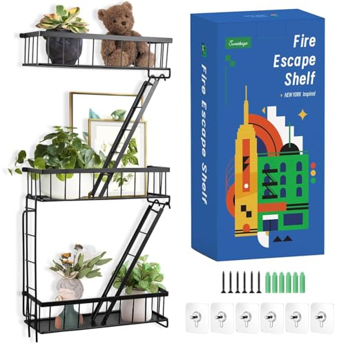 SweetSage Fire Escape Wall Shelf - New York Decorative Ladder Shelf, Wall Art Floating Shelf Black Metal Shelves for Bedroom, Home Office Storage and Display (3-Tier)