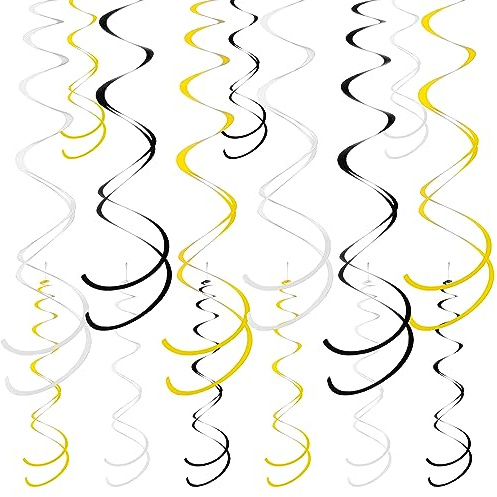 Colorful Ceiling Swirl Foil Decorations Hanging Plastic Streamer Themed Swirl Party for Halloween Graduation Celebration, Pack of 28 (Gold, Black and Sliver)
