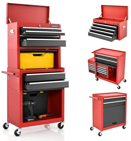 COSTWAY Cassettiera Portautensili a 6 Cassetti, Carrello per Attrezzi con Ruote Bloccabili, con Ripiano rimovibile e Serratura, 61,5 x 33 x 132 cm (Nero+Rosso)