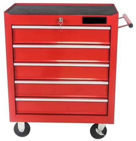 Fulvari Werkzeugkiste mit Rollen, 5 Schubladen, mit Verriegelungssystem und Rädern, für Garage, Lager, Werkstatt, Reparaturwerkstatt, Rot