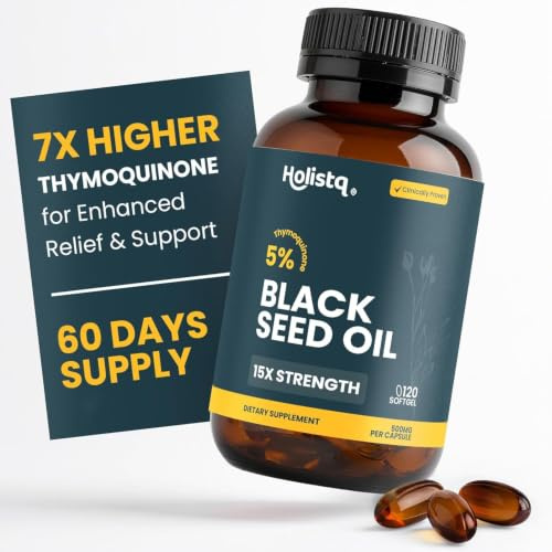 HOLISTQ Black Seed Oil Organic Cold Pressed Capsules | 5% Thymoquinone | Non-GMO & Vegan | Nigella Sativa Black Cumin Seed Oil, Omega 3 6 9 Adult Wellness Support - 120 Softgels, 2 Months Supply