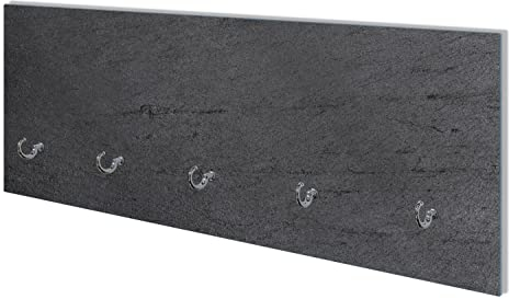 Wallario Wandgarderobe aus Glas in Größe 80 x 30 cm mit Memoboard-Funktion, Motiv: Schwarze Schiefertafel Optik - Steintafel | 5 Kleiderhaken zum Aufhängen von Jacken