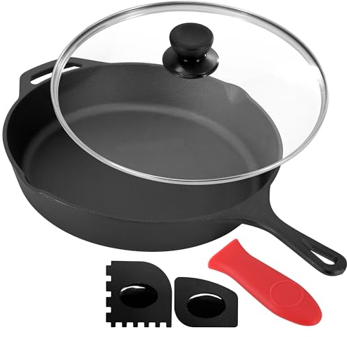 Megachef 12 Inch Pre-Seasoned Cast Iron Skillet with Tempered Glass Lid