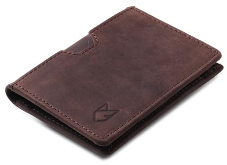 FOXHACKLE Leder Kreditkartenetui Geldbörse für Männer und Frauen, dünne Bifold RFID Blocking Wallet, Slim Front Pocket Minimalistische Brieftasche, Kleine Kartenetui, Hunter Coffee Brown, Faltbar