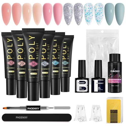 Phoenixy Kit Ricostruzione Unghie 6 Colori Kit Unghie Gel Completo Base Top Coat Forme per Unghie Set Unghie Gel Ricostruzione Adatto ai Principianti Rosa Nudo Azzurro