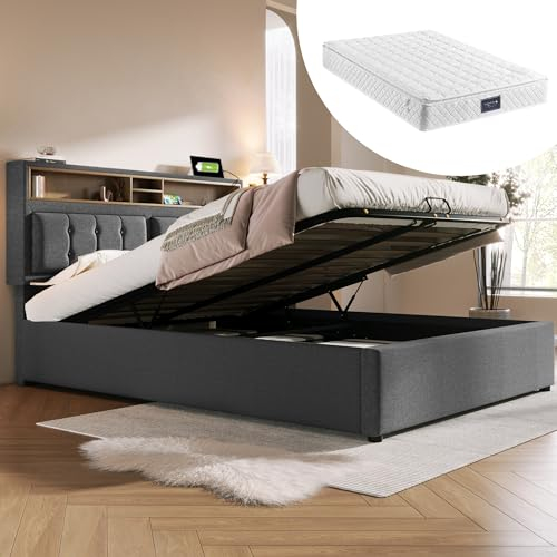 MQLAE Polsterbett 160x200, Hydraulische Schrankbett Doppelbett mit USB C Steckdose, verstellbar Kopfteil, Rückenlehne Bett mit Stauraum und Lattenrost, Jugendbett Bettgestell, Mit Matratze, Grau