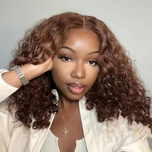 Deep Curly 4x4 Lace Wig Human Hair Bob Perücke Wear and Go Glueless Perücke Damen Natürliche Chocolate Brown Pré-cut Short Lace Bob Wig for Black Women 16 Zoll